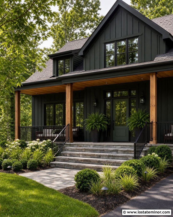 Black House With Green Front Door And Porch - 30 Black House Design With Front Porch Ideas