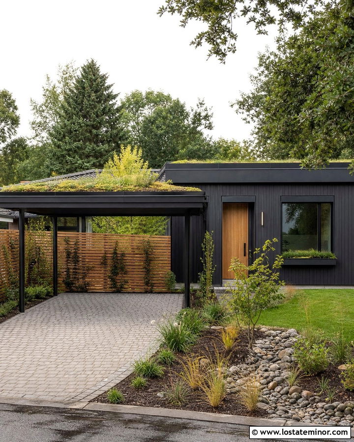 Black House With Green Roof Carport - 30 Black House Design With Carport Ideas