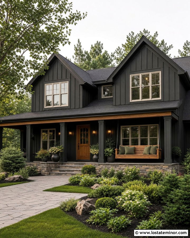 Black House With Green Swing Cushions - 30 Black House Design With Swing Ideas