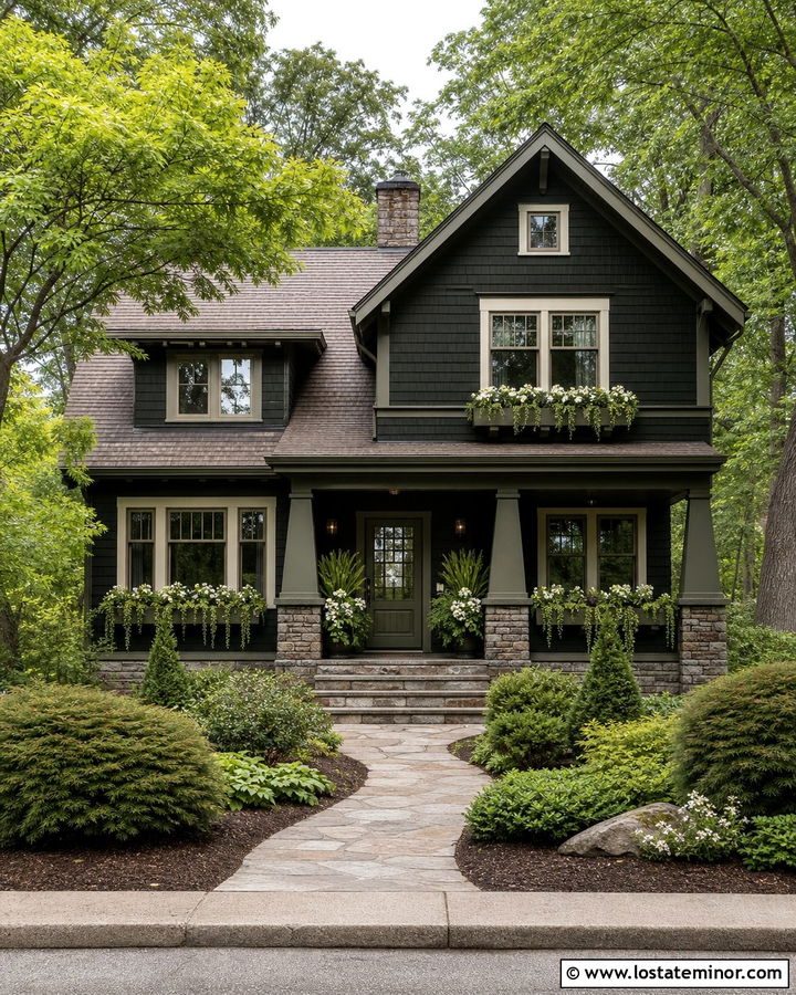 Black House With Green Window Boxes - 30 Black House Design With Window Boxes Ideas
