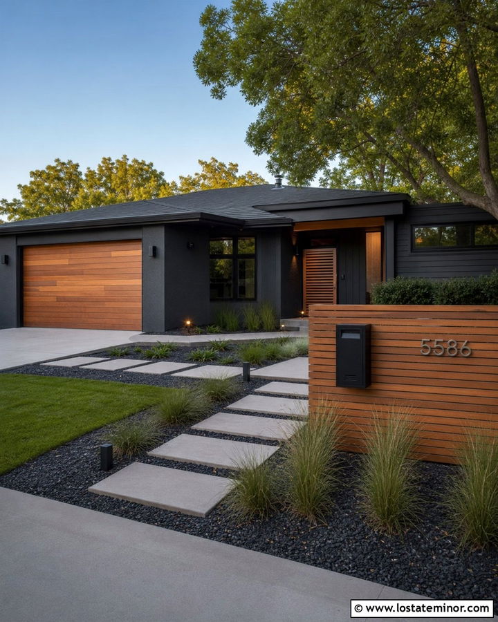 Black House With Horizontal Wood Mailbox - 30 Black House Design With Mailbox Ideas