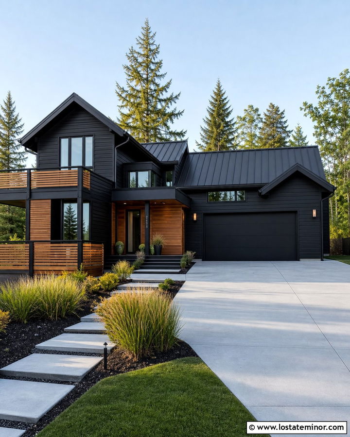 Black House With Horizontal Wood Railings - 30 Black House Design With Railings Ideas