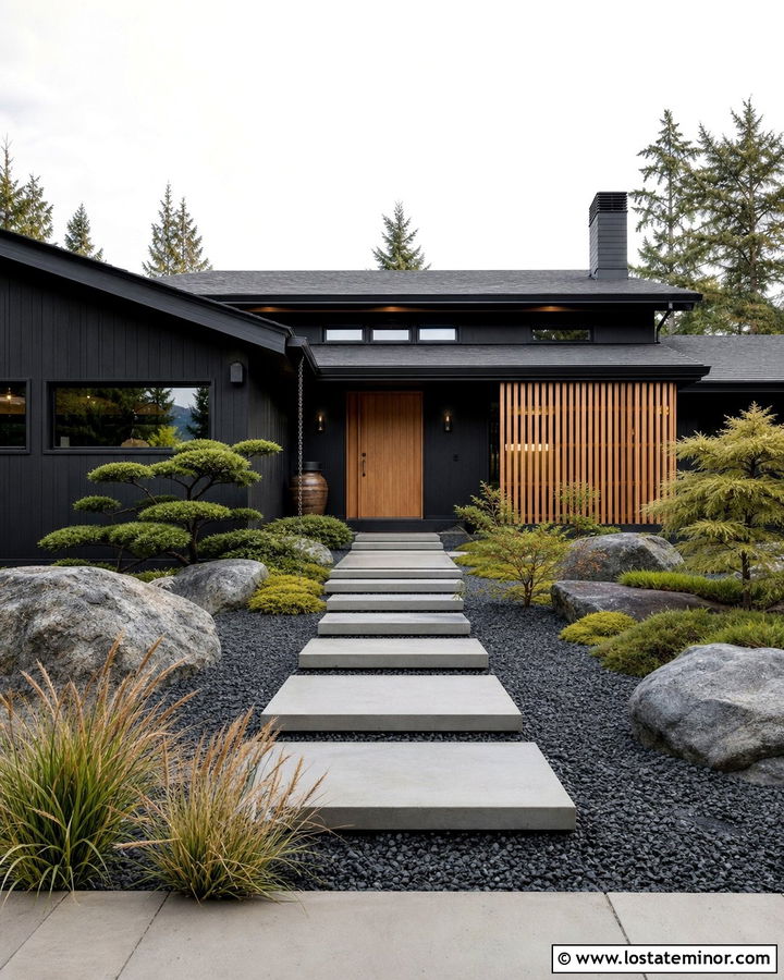 Black House With Japanese Garden Walkway - 30 Black House Design With Walkway Ideas