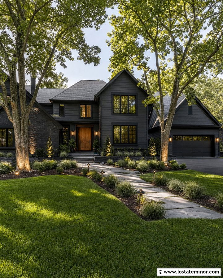 Black House With Landscape Uplighting - 30 Black House Design With Lighting Ideas