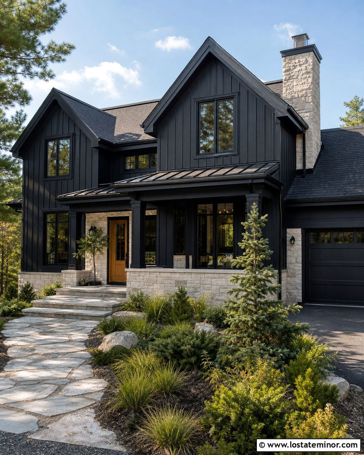 Black House With Light Stone Trim - 30 Black House Design With Trim Ideas