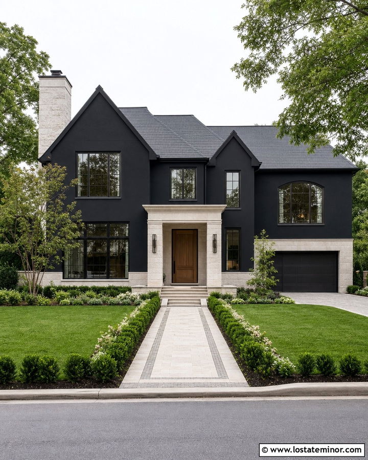 Black House With Limestone Accents - 30 Black House Design With Accents Ideas