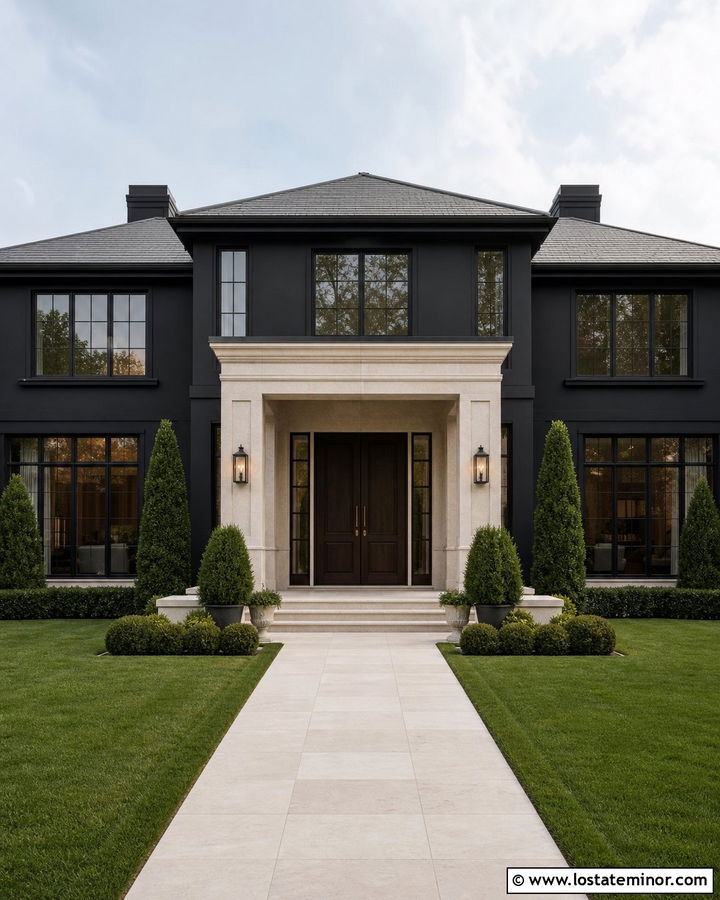 Black House With Limestone Portico - 30 Black House Design With Portico Ideas
