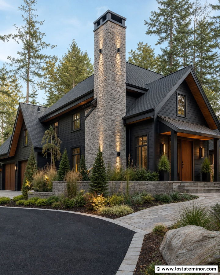 Black House With Lit Stone Chimney - 30 Black House Design With Lighting Ideas