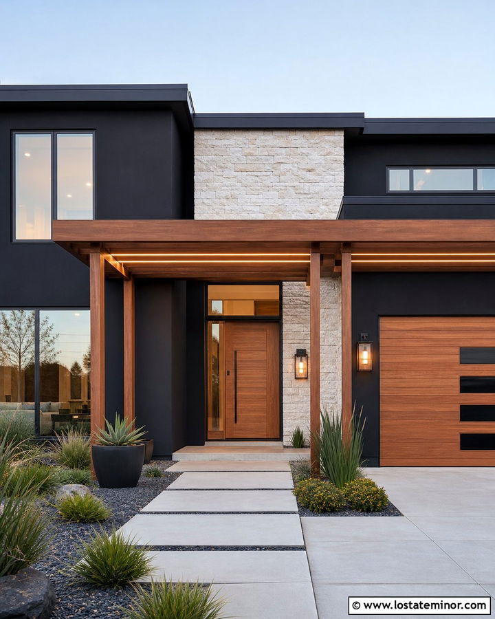 Black House With Lit Wood Pergola - 30 Black House Design With Lighting Ideas