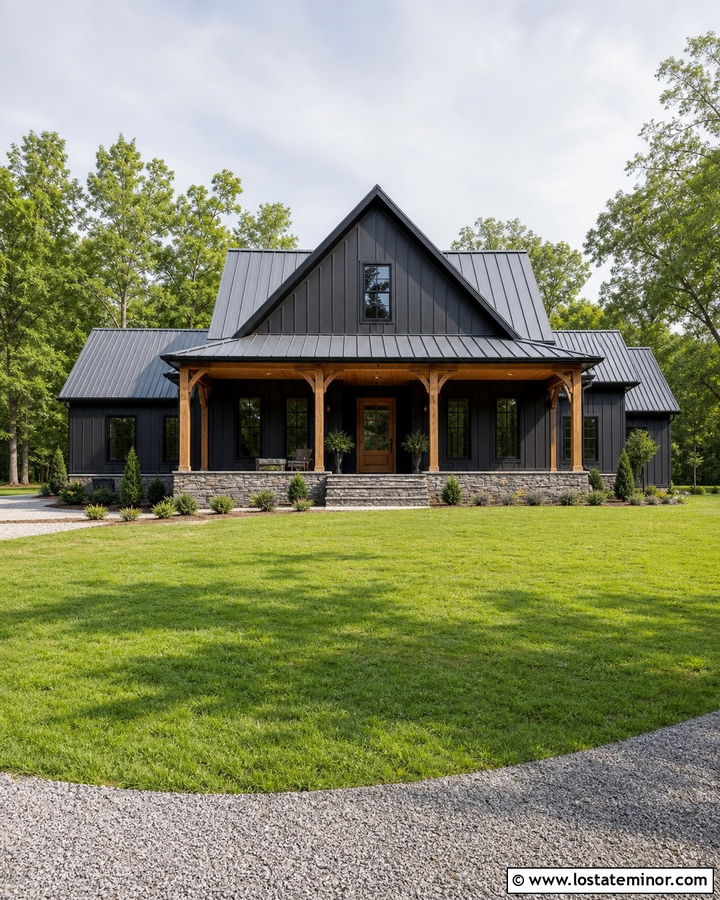 Black House With Metal Roof Accents - 30 Black House Design With Accents Ideas