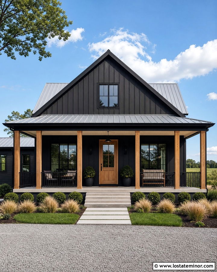 Black House With Metal Roof Front Porch - 30 Black House Design With Front Porch Ideas
