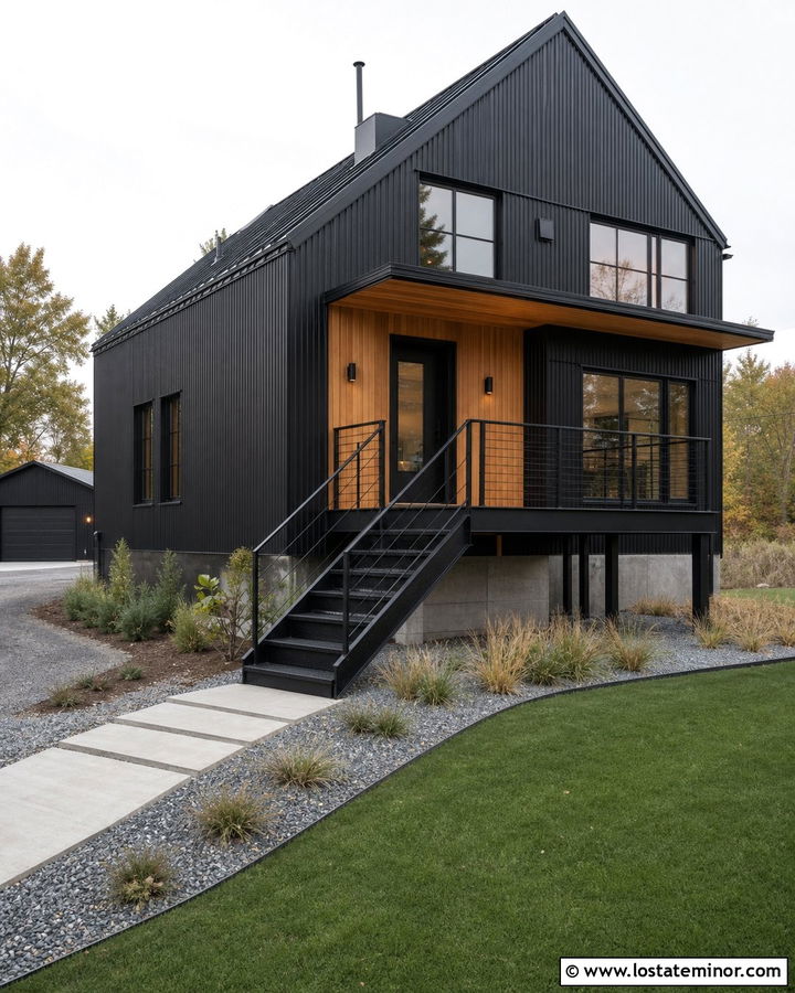 Black House With Metal Steps - 30 Black House Design With Steps Ideas