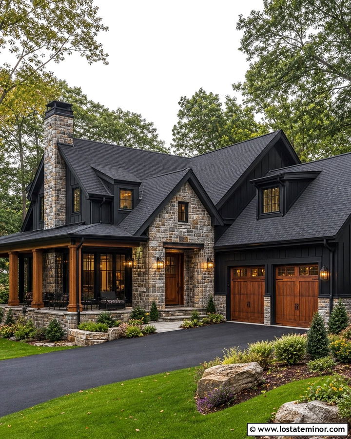 Black House With Mixed Stone And Wood - 30 Black House Design With Stone Accents Ideas