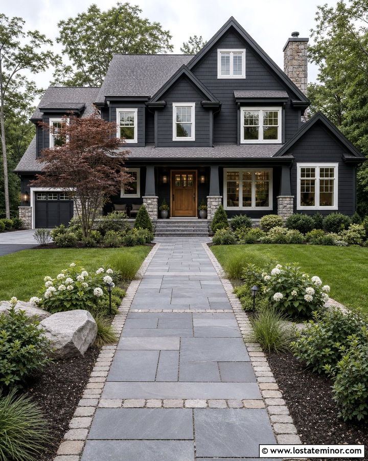 Black House With Mixed Stone Walkway - 30 Black House Design With Walkway Ideas
