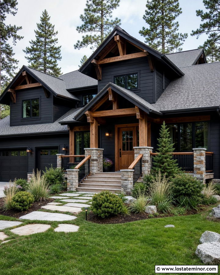 Black House With Mixed Wood And Metal Railings - 30 Black House Design With Railings Ideas