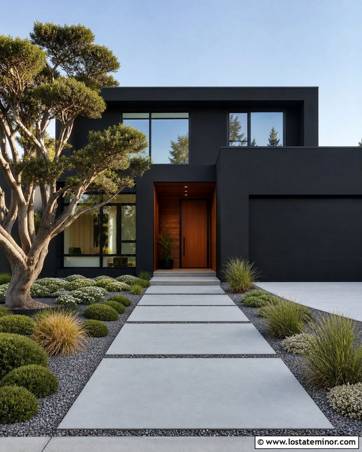 Black House With Modern Concrete Walkway - 30 Black House Design With Landscaping Ideas