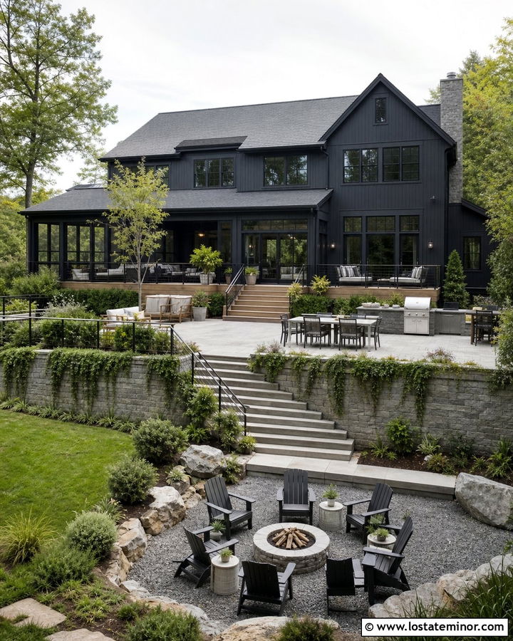 Black House With Multilevel Backyard - 30 Black House Design With Backyard Ideas