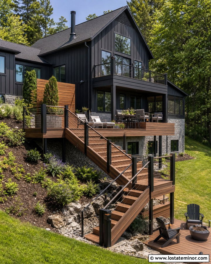 Black House With Multilevel Deck - 30 Black House Design With Deck Ideas