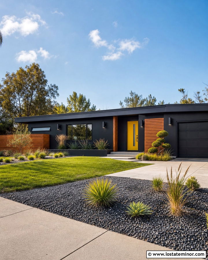 Black House With Mustard Yellow Front Door - 30 Black House Design With Front Door Ideas