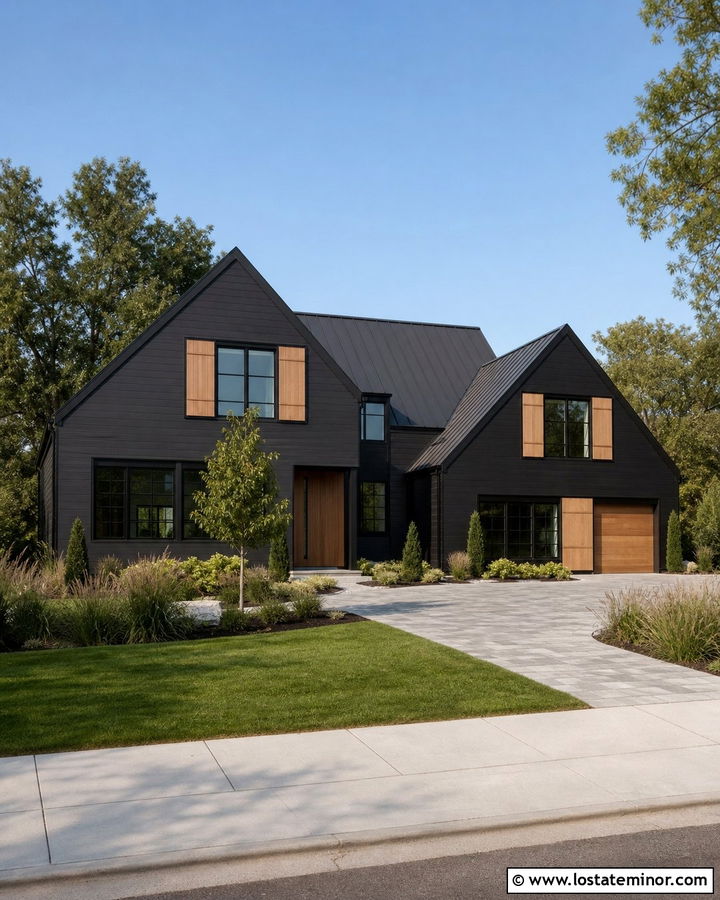 Black House With Natural Oak Shutters - 30 Black House Design With Shutters Ideas