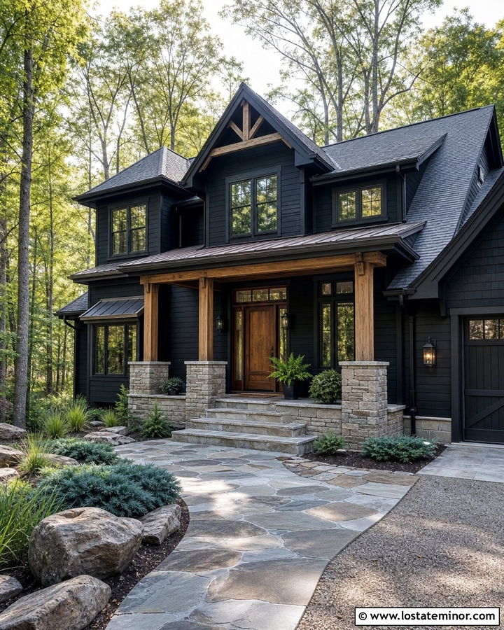 Black House With Natural Stone Front Porch - 30 Black House Design With Front Porch Ideas
