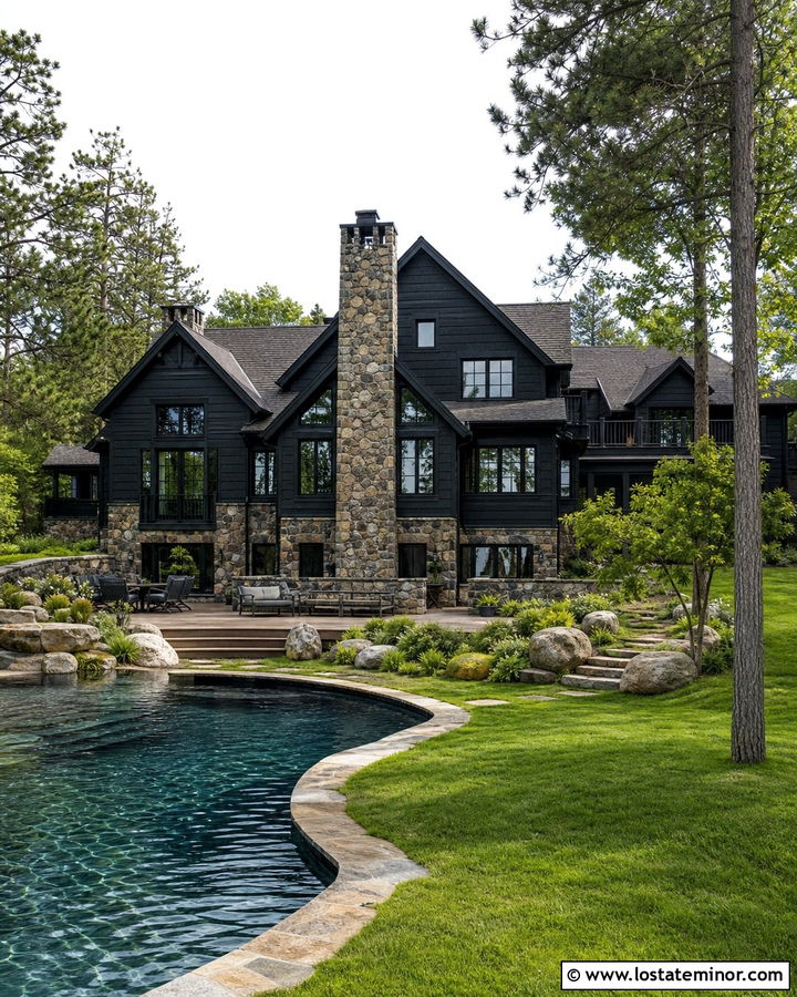 Black House With Natural Stone Pool - 30 Black House Design With Swimming Pool Ideas