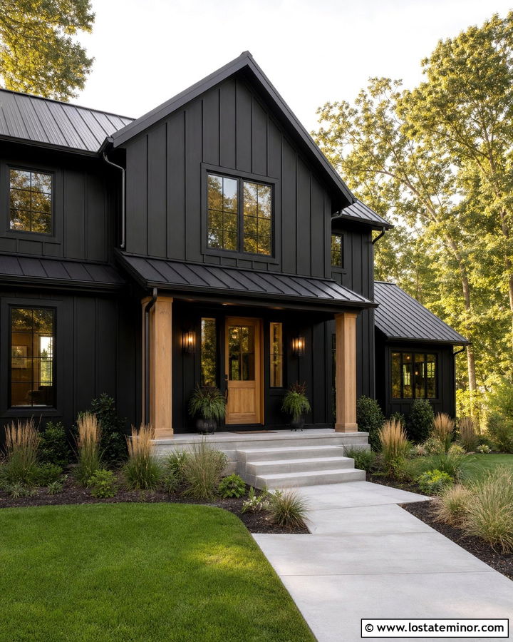 Black House With Natural Wood Front Door - 30 Black House Design With Front Door Ideas