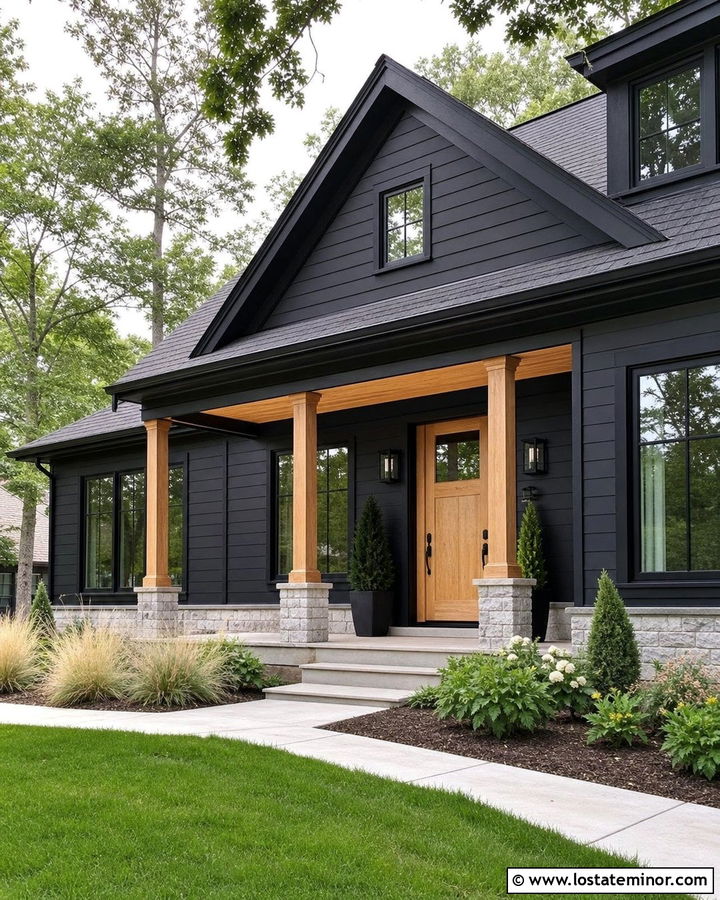 Black House With Natural Wood Front Door - 30 Black House Design With Entry Door Ideas