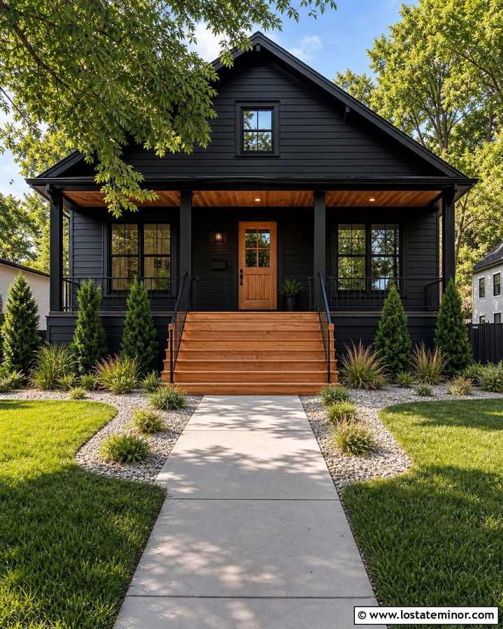 Black House With Natural Wood Steps - 30 Black House Design With Steps Ideas