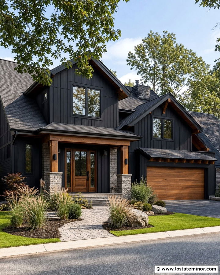 Black House With Natural Wood Trim - 30 Black House Design With Trim Ideas