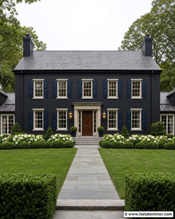 Black House With Navy Blue Shutters - 30 Black House Design With Shutters Ideas