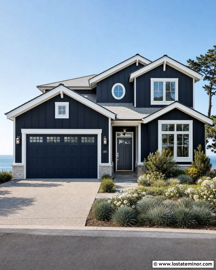 Black House With Navy Garage Door - 30 Black House Design With Garage Door Ideas