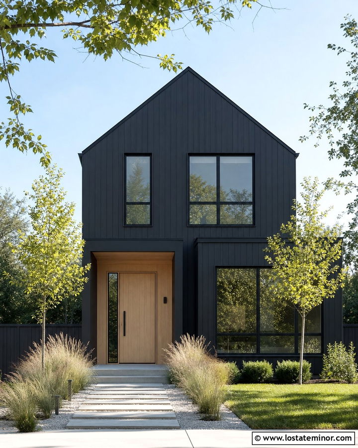 Black House With Oak Front Door - 30 Black House Design With Front Door Ideas