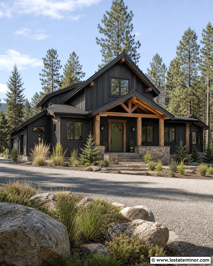 Black House With Olive Green Front Door - 30 Black House Design With Front Door Ideas