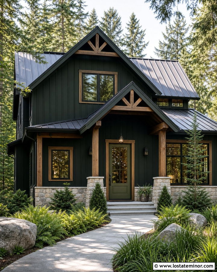 Black House With Olive Green Front Door - 30 Black House Design With Entry Door Ideas