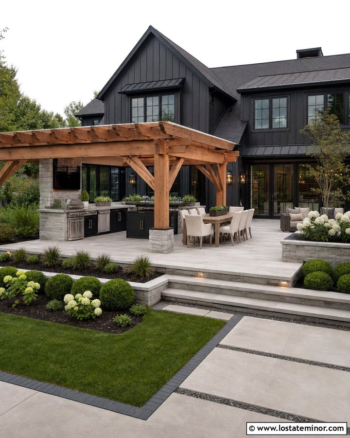 Black House With Outdoor Kitchen Pergola - 30 Black House Design With Pergola Ideas