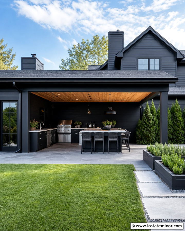 Black House With Outdoor Kitchen - 30 Black House Design With Backyard Ideas
