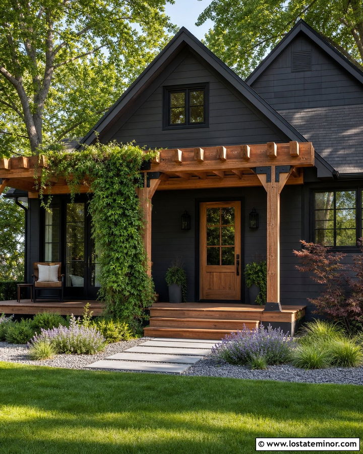 Black House With Pergola Front Porch - 30 Black House Design With Front Porch Ideas