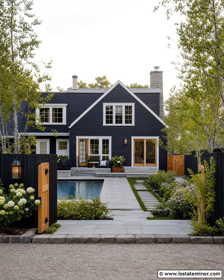 Black House With Pool And Black Fence - 30 Black House Design With Swimming Pool Ideas