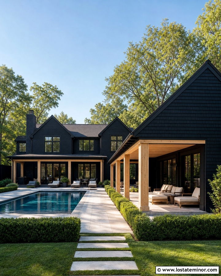 Black House With Pool And Cabana - 30 Black House Design With Swimming Pool Ideas