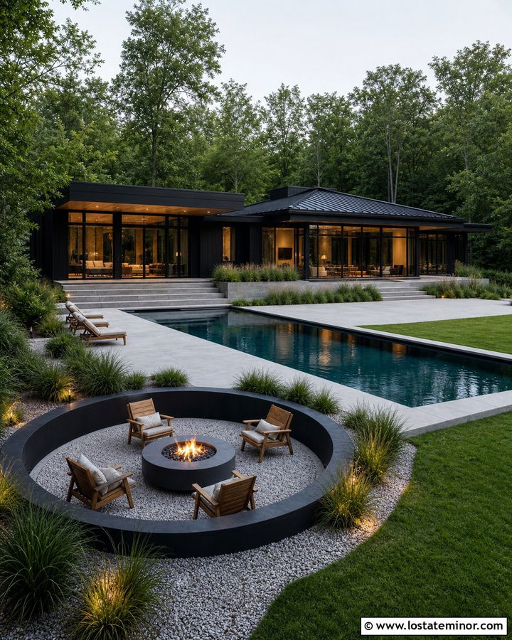 Black House With Pool And Fire Pit - 30 Black House Design With Swimming Pool Ideas