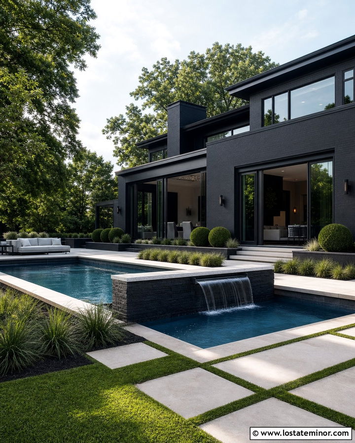 Black House With Pool And Waterfall Wall - 30 Black House Design With Swimming Pool Ideas