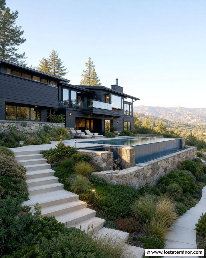 Black House With Pool On A Sloped Yard - 30 Black House Design With Swimming Pool Ideas