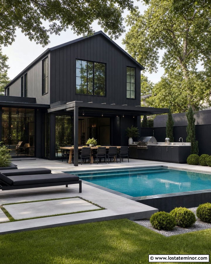 Black House With Poolside Outdoor Kitchen - 30 Black House Design With Swimming Pool Ideas