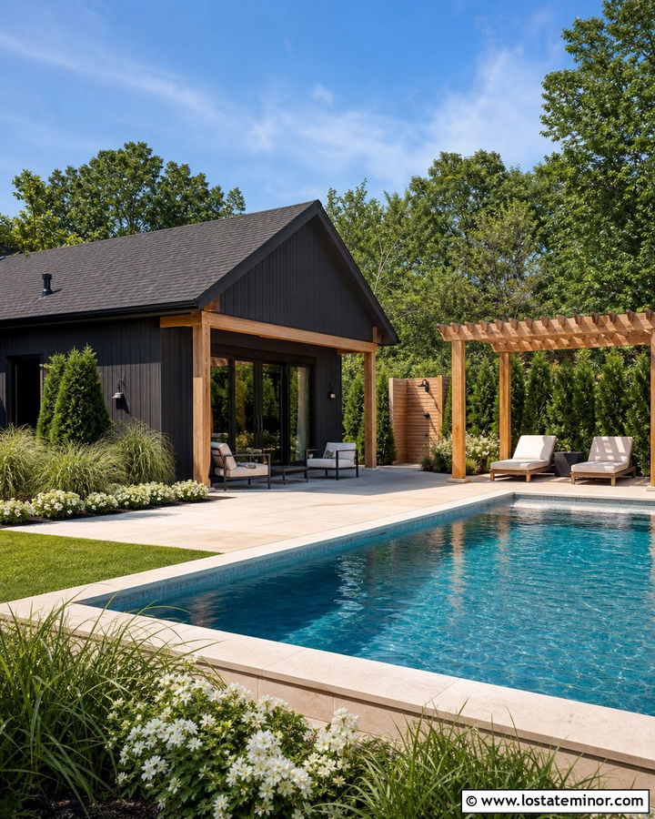 Black House With Poolside Pergola - 30 Black House Design With Pergola Ideas