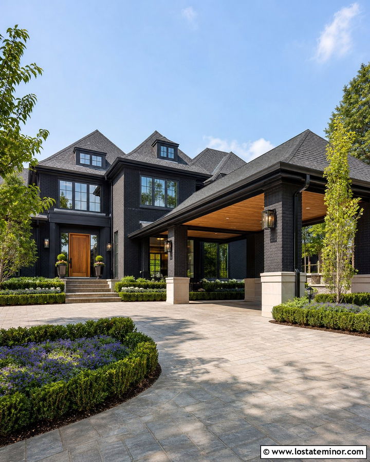 Black House With Porte Cochere Driveway - 30 Black House Design With Driveway Ideas