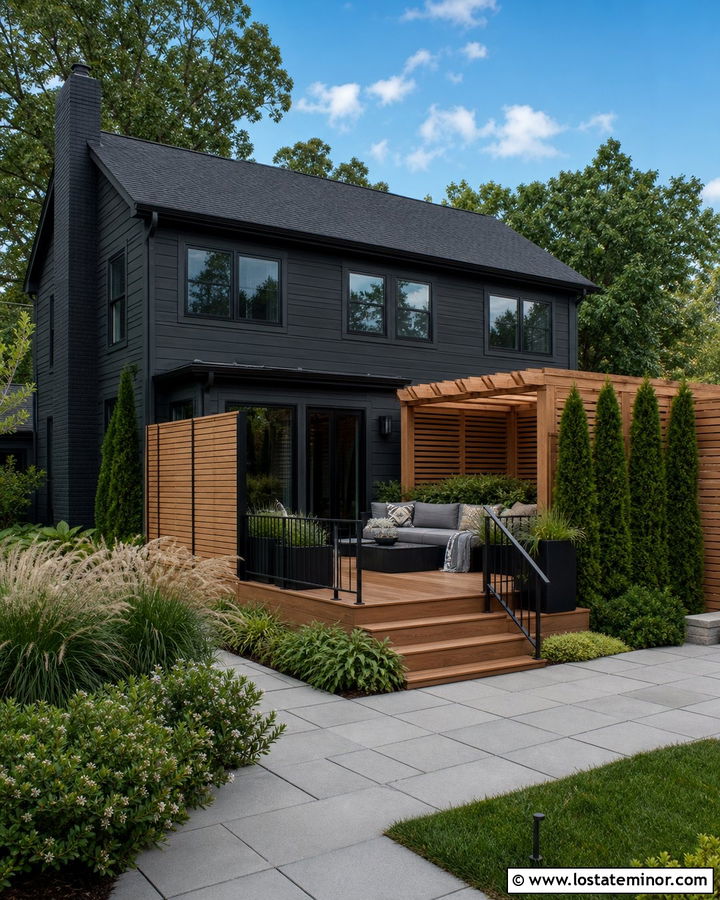 Black House With Privacy Screen Deck - 30 Black House Design With Deck Ideas
