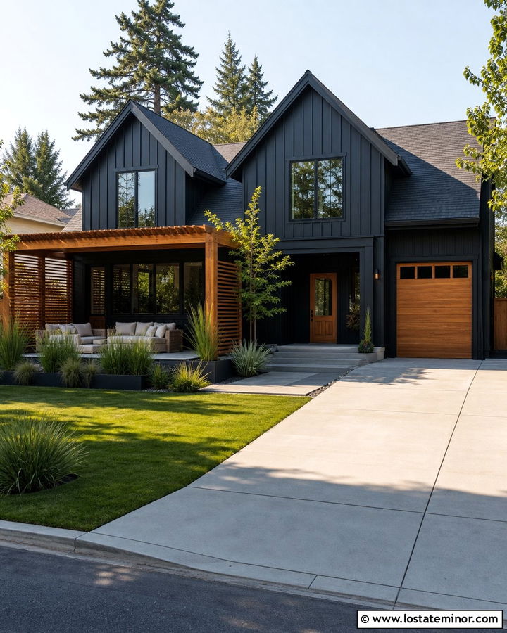 Black House With Privacy Screen Pergola - 30 Black House Design With Pergola Ideas