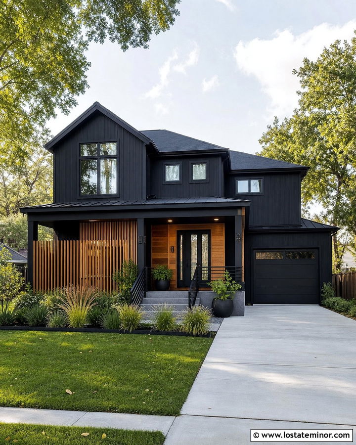 Black House With Privacy Screen Railings - 30 Black House Design With Railings Ideas
