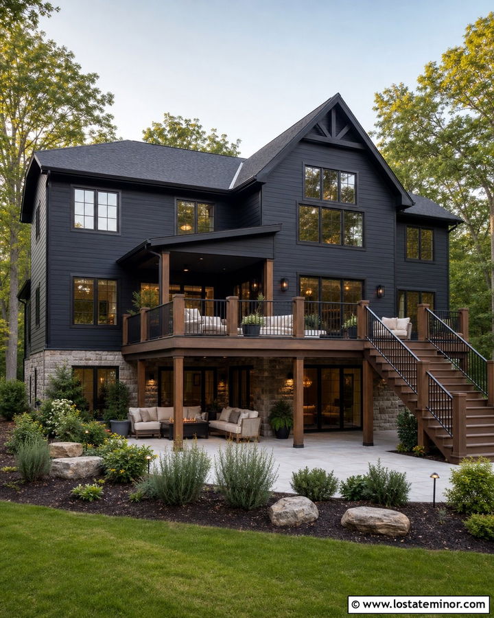Black House With Raised Backyard Deck - 30 Black House Design With Backyard Ideas